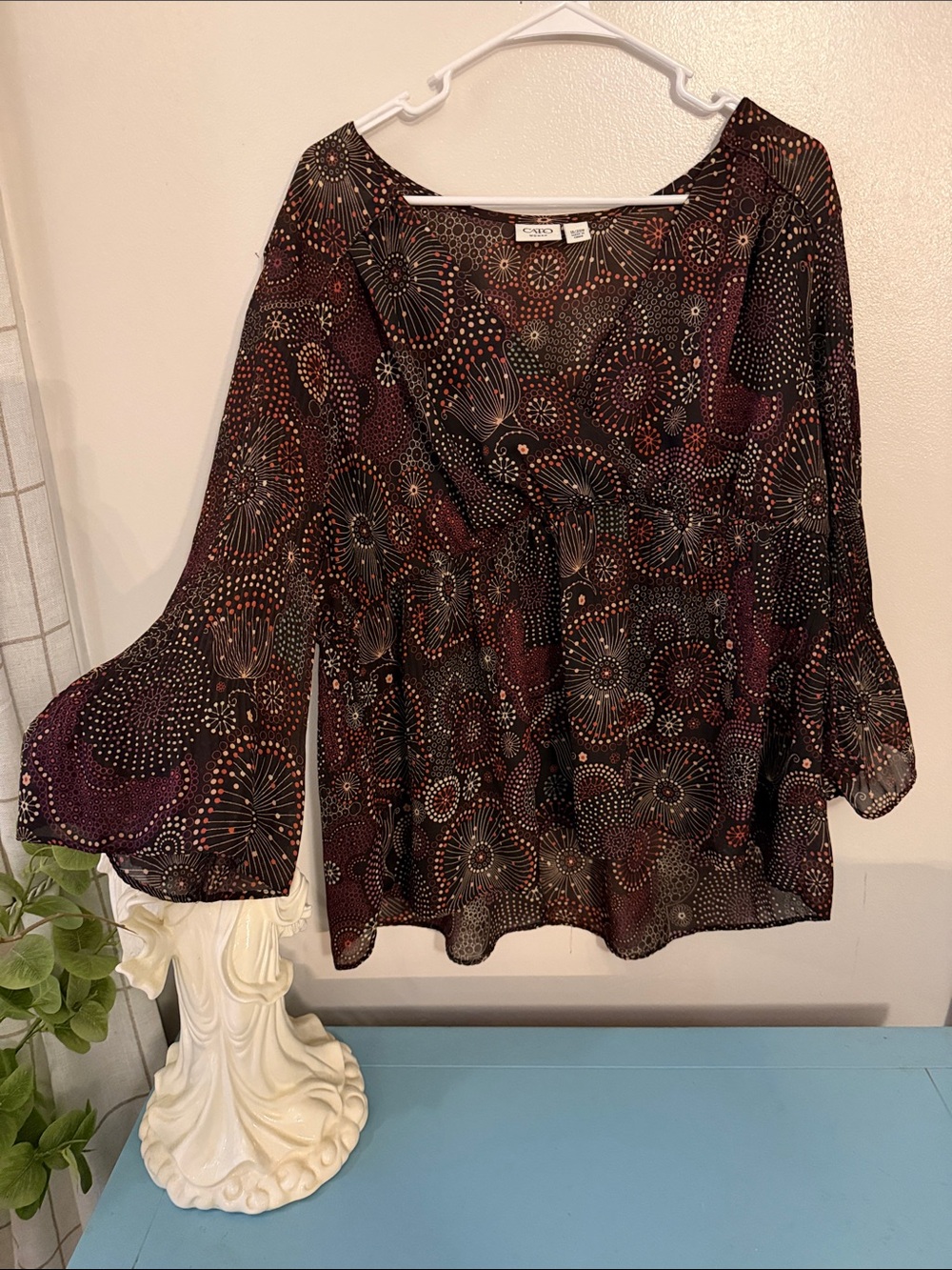 Cato Black Sheer Printed V-Neck Tunic with Burgundy and Rust Accents